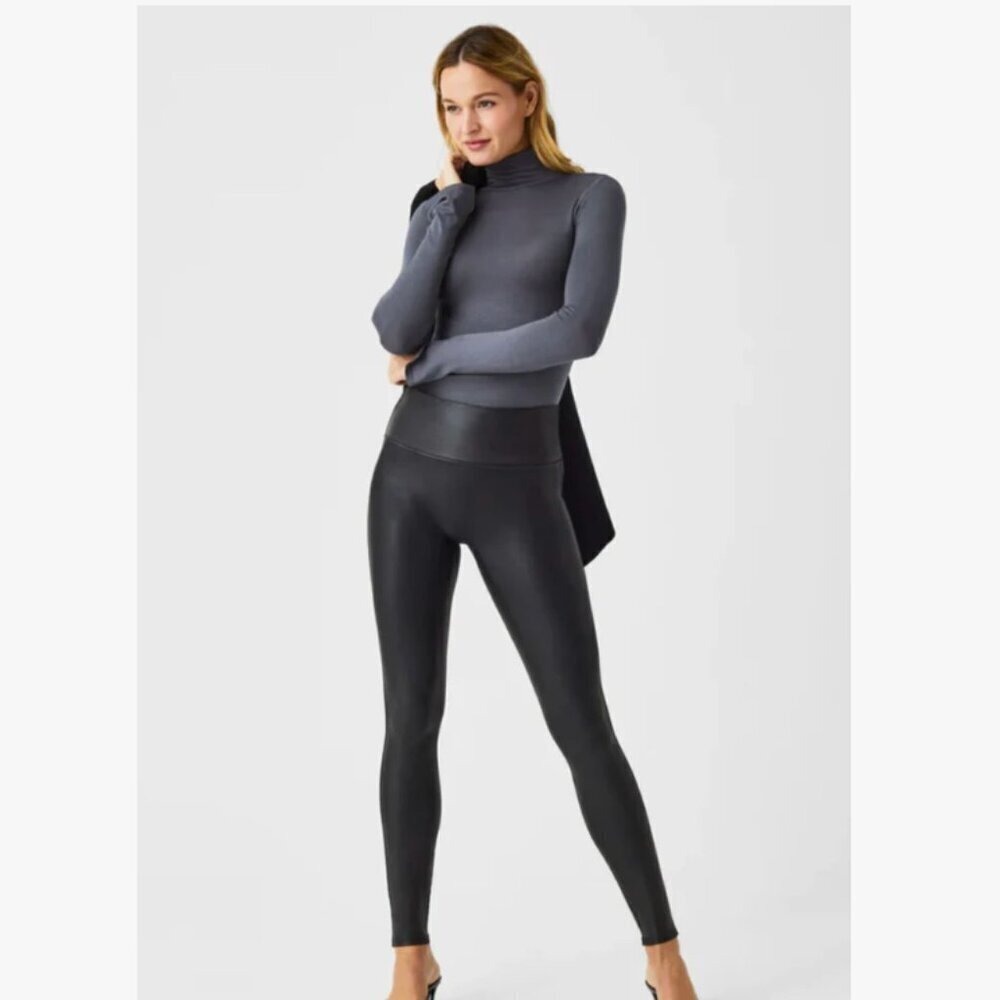 Spanx Women's Full Length Faux Leather Leggings Sz S Black Mid rise Athleisure